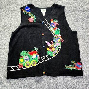 Quacker Factory Womens Cardigan Sweater Vest Black Ugly Christmas Santa Train 3X